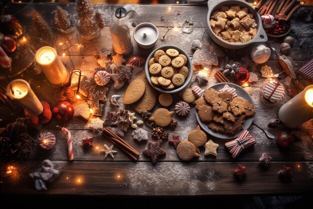 Tavolo di legno con dolci di Natale appena fatti Vista dall'alto