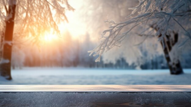 tavolo di legno con sfondo bokeh invernale