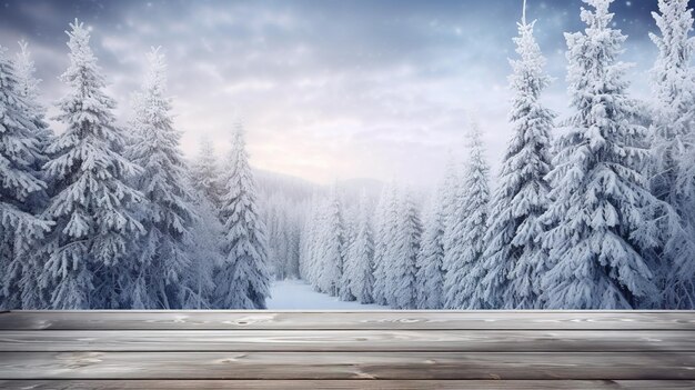 tavolo di legno con sfondo bokeh invernale