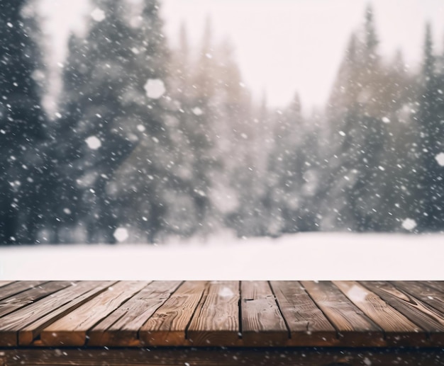 tavolo di legno con sfondo di paesaggio innevato invernale sfondo di Natale con spazio di copia