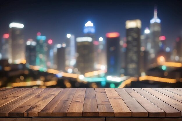 Tavolo di legno con sfondo sfocato del paesaggio urbano