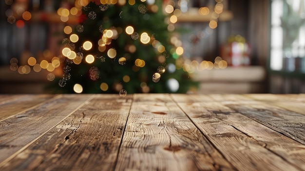 Tavolo di legno con spazio vuoto per l'esposizione dei prodotti e un albero di Natale sullo sfondo