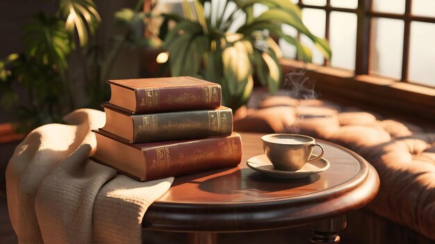 Tavolo di legno con tre libri l'uno sopra l'altro durante il giorno