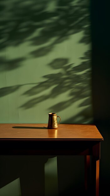 Tavolo di legno con una tazza di caffè e ombra sul muro