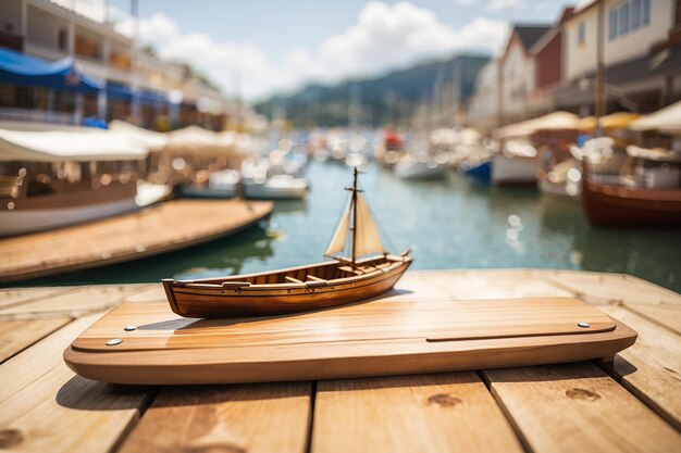 Tavolo di legno con uno spettacolo di barche sfocato