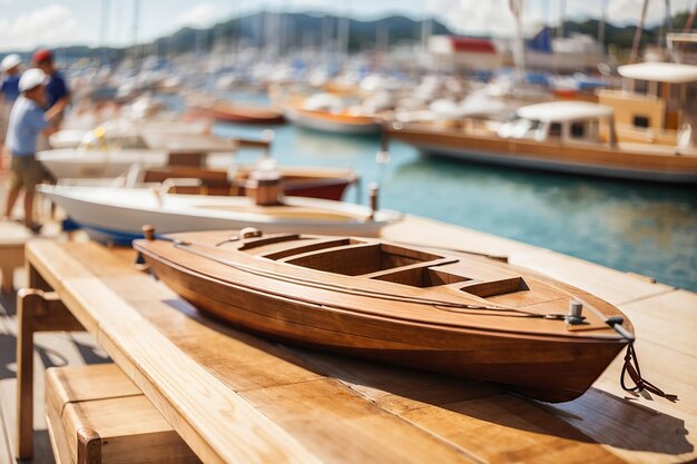 Tavolo di legno con uno spettacolo di barche sfocato