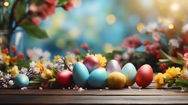 Tavolo di legno con uova di Pasqua e sfondo sfocato della natura primaverile
