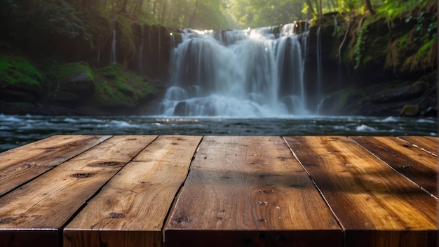 Tavolo di legno con vista su una cascata panoramica con un arcobaleno