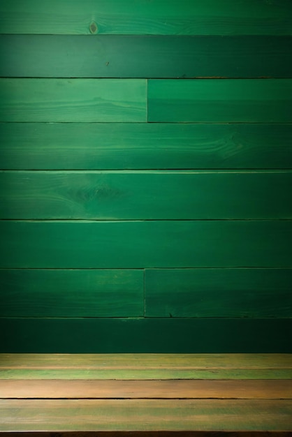Tavolo di legno di fronte a una parete di legno verde Pronto per il montaggio della mostra del prodotto Foto di alta qualità