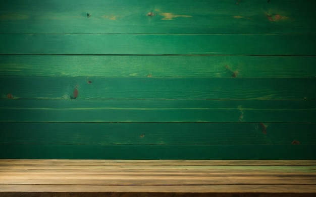 Tavolo di legno di fronte a una parete di legno verde Pronto per il montaggio della mostra del prodotto Foto di alta qualità