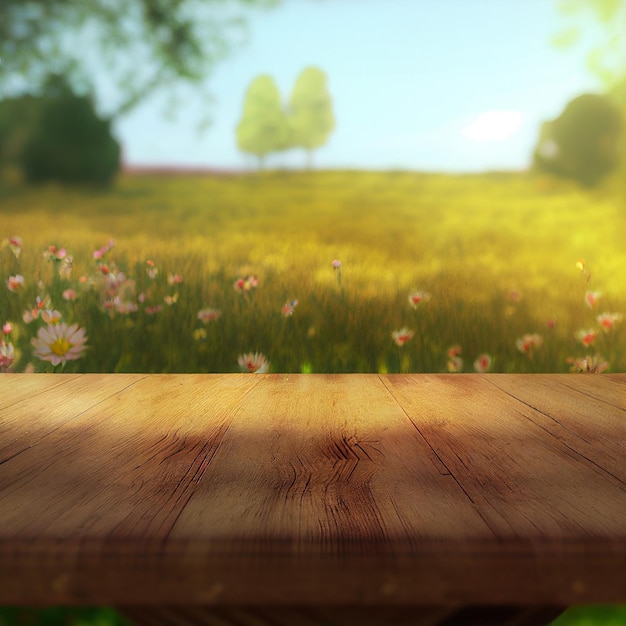 Tavolo di legno di fronte al campo di fiori illustrazione 3d Tavolo è fatto di legno resistente alle intemperie