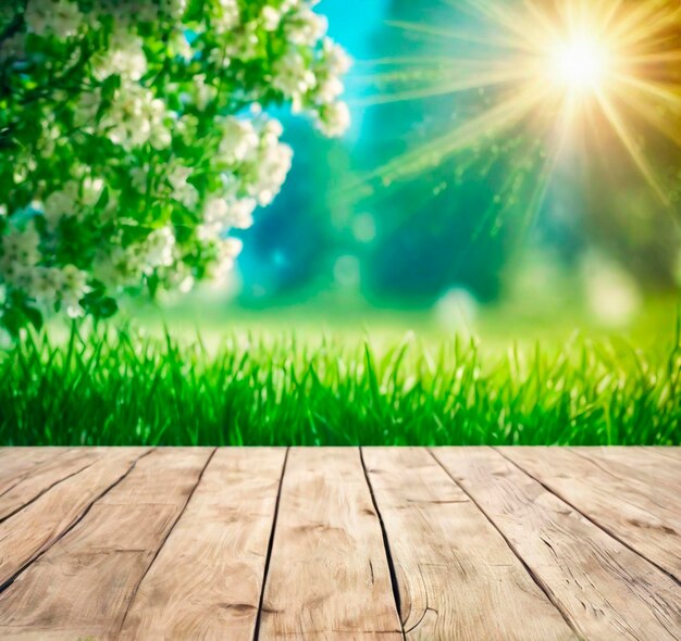 Tavolo di legno di fronte all'erba verde e all'albero di mele in fiore