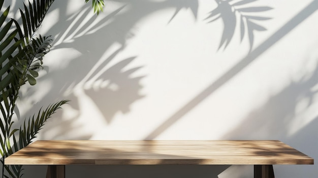 Tavolo di legno e parete vuota bianca con ombre di piante sfondo ombra di tavola