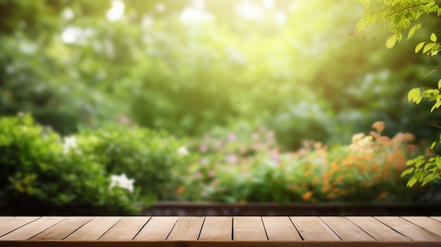 Tavolo di legno e sfondo verde sfocato del giardino naturale