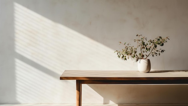 Tavolo di legno e vaso con pianta di eucalipto alla luce solare