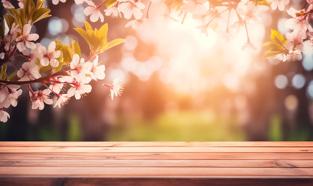 Tavolo di legno in un giardino primaverile in fiore ai generato