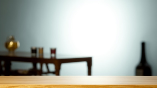 Tavolo di legno marrone vuoto e sfondo sfocato di astratto di luci restaurative AI generativa