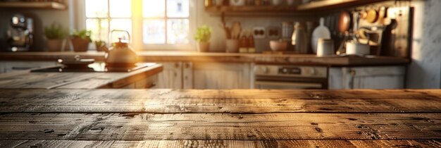 Tavolo di legno per cucina illuminato dal sole