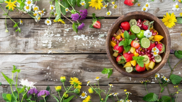 Tavolo di legno per picnic estivo gioioso con insalata di frutta fresca vista dall'alto