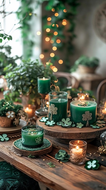 Tavolo di legno rustico con candele verdi per il giorno di San Patrizio, ciambelle e pentole d'oro.