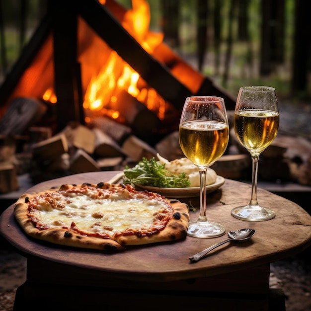 Tavolo di legno rustico con pizza Margarita con fuoco sul retro Owen generativo ai