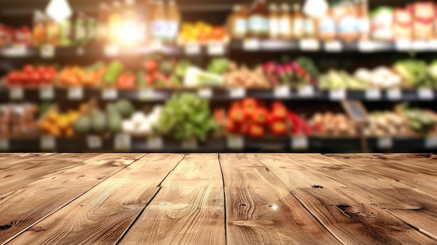 Tavolo di legno rustico in primo piano con uno sfondo sfocato vibrante di una sezione di prodotti di un negozio di alimentari colorato