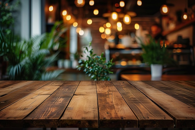 Tavolo di legno su sfocamento di caffè caffetteria bar sullo sfondo