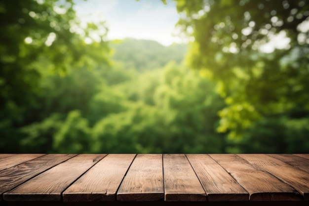 Tavolo di legno sulla montagna con sfondo di natura verde