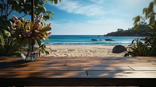Tavolo di legno sullo sfondo di una spiaggia e del mare in una vacanza rilassante circondata da palme in una località tropicale calda