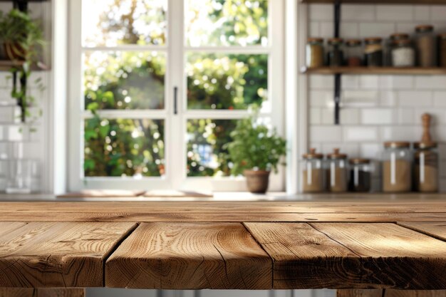 Tavolo di legno sullo sfondo sfocato della finestra e degli scaffali della cucina