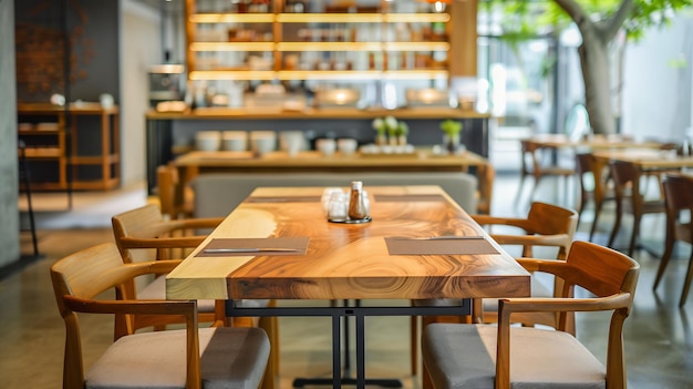 Tavolo di legno sullo sfondo sfocato di una moderna sala ristorante o caffetteria con AI generativa vuota