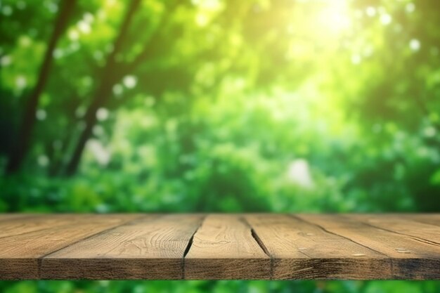 Tavolo di legno sullo sfondo verde della natura
