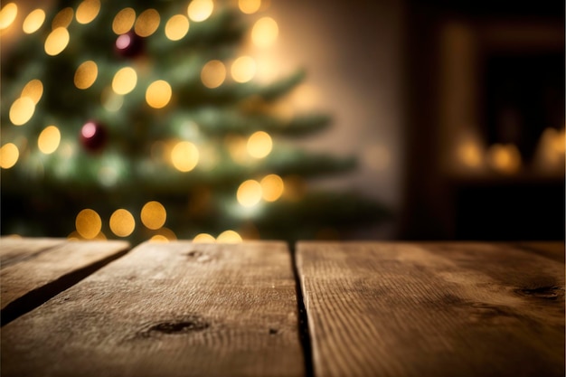 Tavolo di legno vuoto con albero di Natale sfocato con sfondo chiaro bokeh