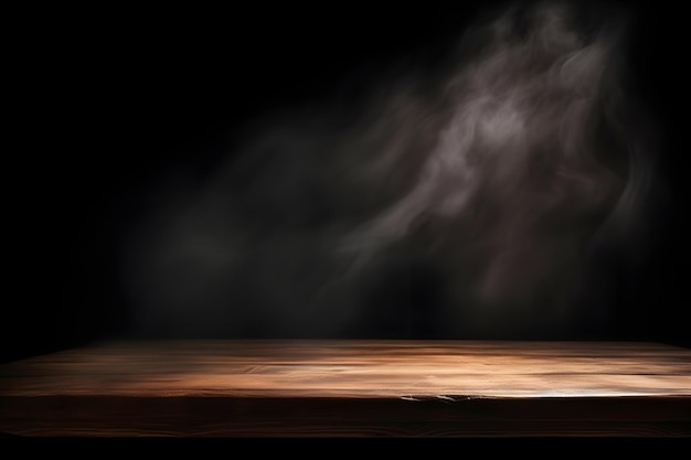 tavolo di legno vuoto con fumo galleggiante su sfondo scuro Spazio vuoto per visualizzare i tuoi prodotti