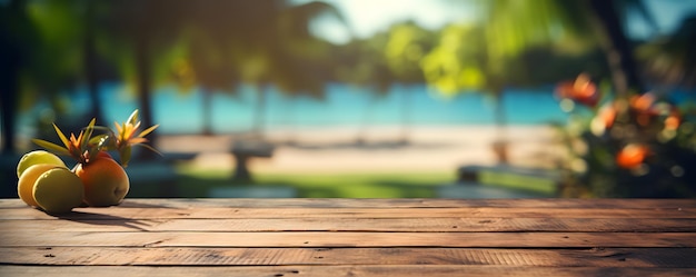 Tavolo di legno vuoto con il tema della spiaggia tropicale sullo sfondo