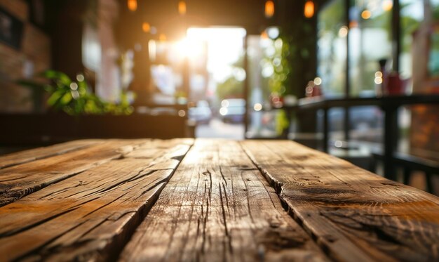 Tavolo di legno vuoto con interno di caffè accogliente e soleggiato sullo sfondo