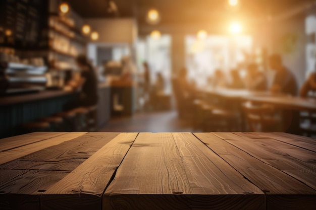 Tavolo di legno vuoto con l'interno del ristorante sfocato sullo sfondo