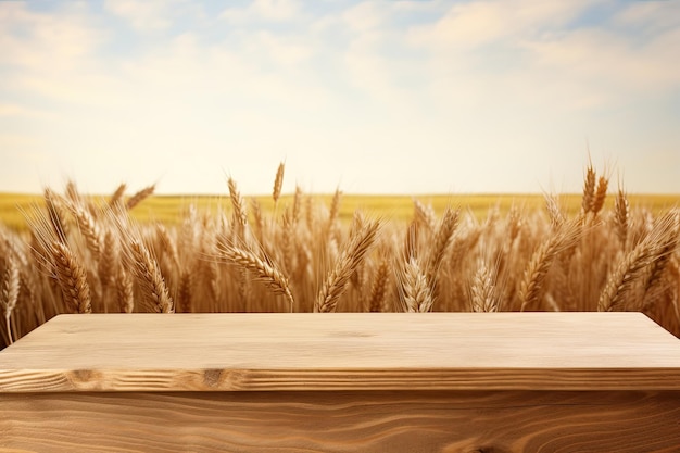 Tavolo di legno vuoto con lo sfondo di un campo di grano Pronto per il montaggio della vetrina del prodotto