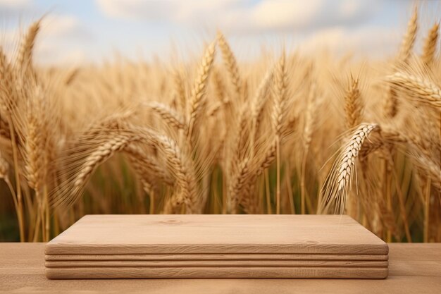 Tavolo di legno vuoto con lo sfondo di un campo di grano Pronto per il montaggio della vetrina del prodotto