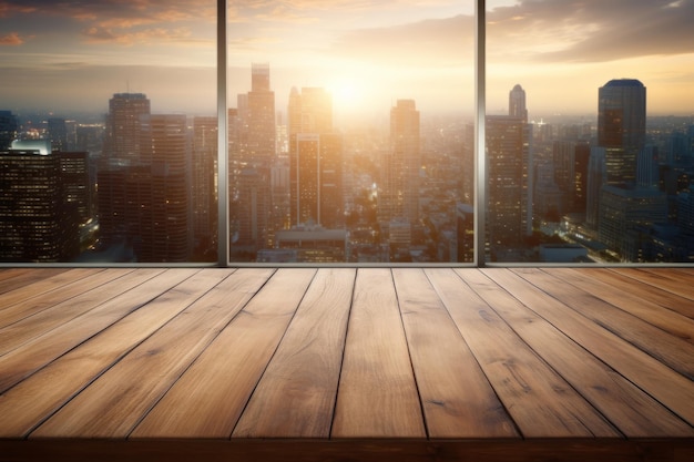 Tavolo di legno vuoto con paesaggio urbano sfocato e tramonto sullo sfondo