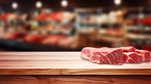 Tavolo di legno vuoto con scaffali di carne blu sullo sfondo del supermercato