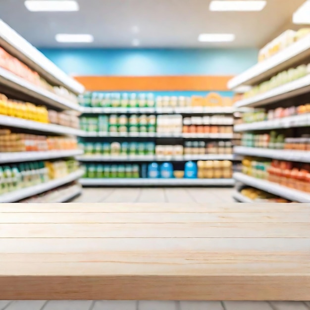 tavolo di legno vuoto con scaffali sfocati del supermercato generati dall'AI
