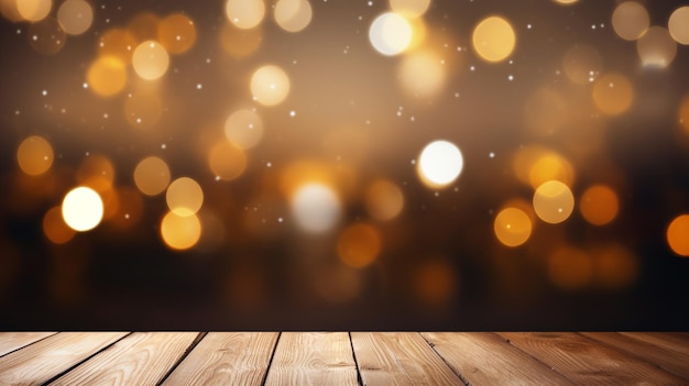 tavolo di legno vuoto con sfocamento sfondo di illuminazione Bokeh per la decorazione festiva delle vacanze