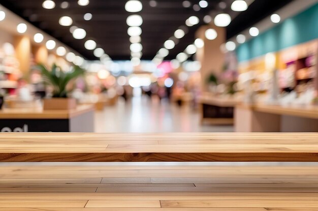 Tavolo di legno vuoto con sfocato sullo sfondo di un moderno centro commerciale Banner panoramico Lo sfondo astratto può essere utilizzato per la visualizzazione del prodotto