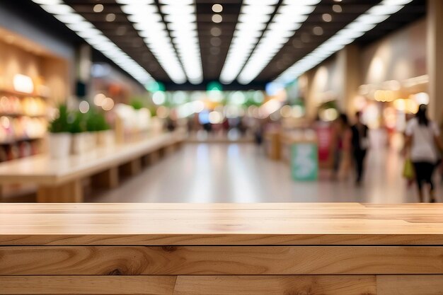 Tavolo di legno vuoto con sfocato sullo sfondo di un moderno centro commerciale Banner panoramico Lo sfondo astratto può essere utilizzato per la visualizzazione del prodotto