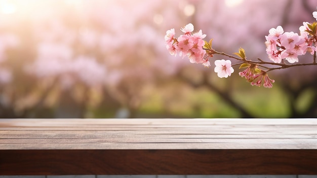 Tavolo di legno vuoto con sfondo di fiori di ciliegio primaverile