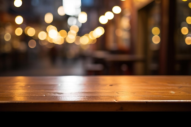 tavolo di legno vuoto con sfondo sfocato bar caffetteria sfondo di visualizzazione del prodotto