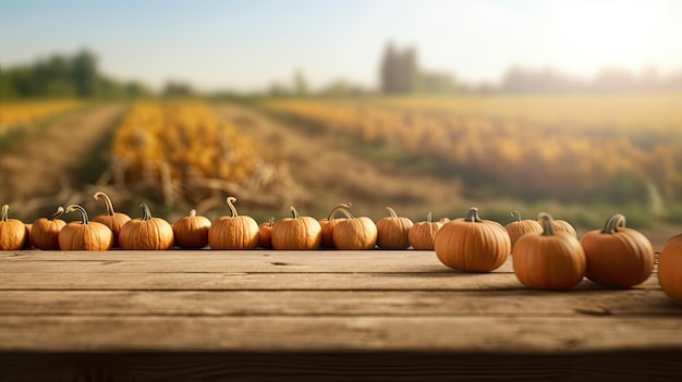 Tavolo di legno vuoto con sfondo sfocato dei campi della fattoria della zucca