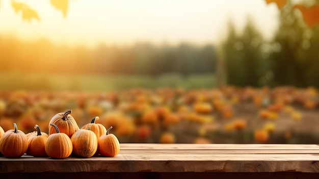 Tavolo di legno vuoto con sfondo sfocato del campo di zucca