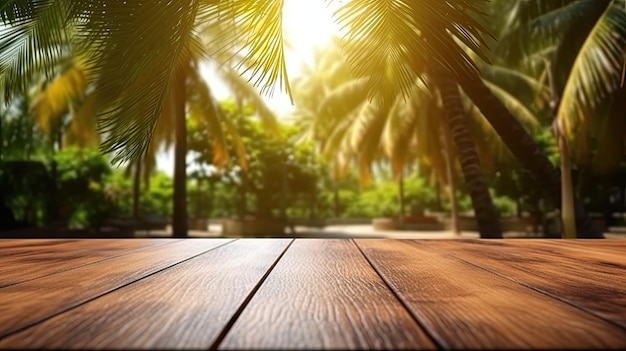 Tavolo di legno vuoto con sfondo sfocato di palme